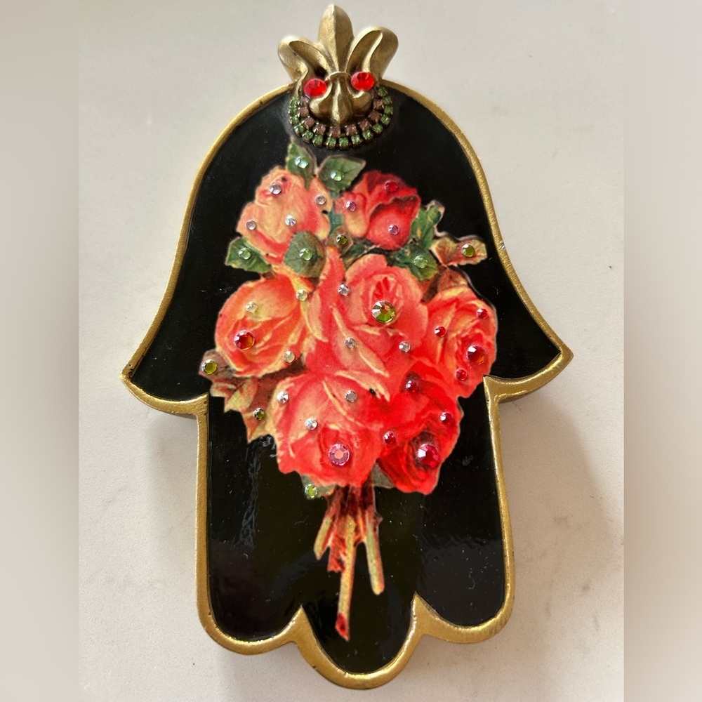 Michal Negrin Hamsa Wall Art featuring a decoupage Victorian style & bejewelled.